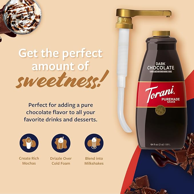 Torani Puremade Dark Chocolate Sauce for Coffeehouse Drinks and Desserts Non-GMO Large 4lb Bottle Pump Included 64 Fl Oz