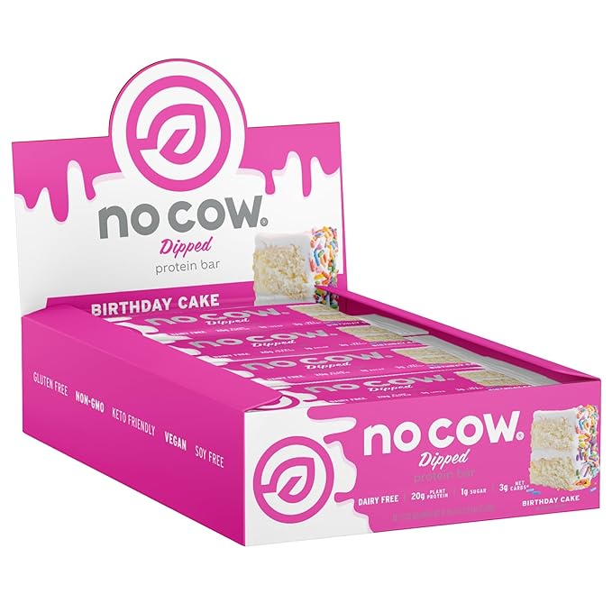 No Cow Vegan Protein Bars Upgraded Birthday Cake | 20g Plant Based Protein Gluten Free Dairy Free Soy Free Keto Friendly Low Sugar High Fiber Snack Bars | Pack of 12