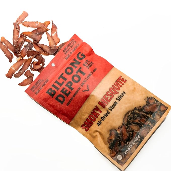 Biltong Depot Smoky Mesquite Biltong Slices - 8oz | Air-Dried Beef Jerky Snack | High Protein | Paleo &amp Keto Friendly | Zero Sugar | Gluten Free | No Artificial Preservatives | No MSG