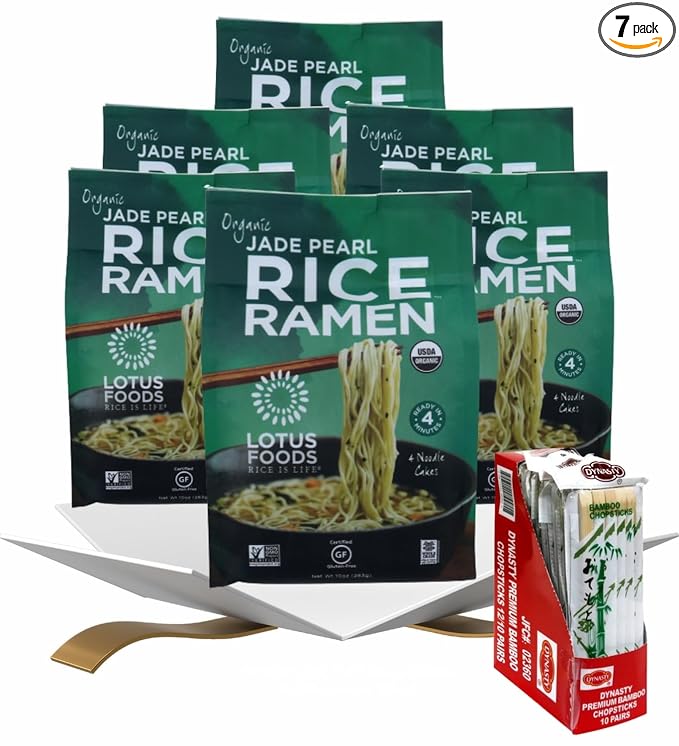 6x Jade Pearl Organic Rice Ramen - 10OZ Bundle with Chopstick Bamboo 10PC — Nutritious Gluten-Free Noodles Made with Organic Rice and Bamboo Extract for Simple Flavorful Meals — Gift Set (7 Items)