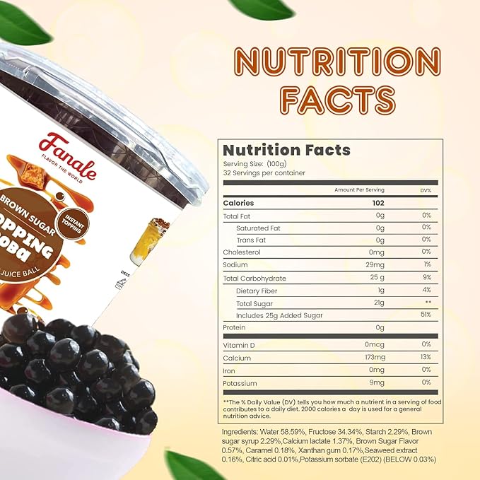 Fanale Brown Sugar Popping Boba Pearls Vegan Non GMO Gluten Free Fat Free Perfect for Bubble Tea Smoothies Ice Cream Desserts and Beverages.