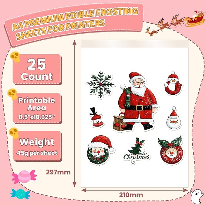 ELFLUENT 25 count Edible Paper A4 11.7 x 8.3 Edible Image Paper Frosting Sheets for Edible Printer Icing Sheets Edible Paper for Cakes Printable Sugar Sheets