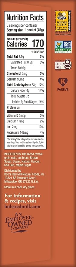 Bob's Red Mill Instant Oatmeal Maple Brown Sugar 24 Packets Total (1 Box/6 per Box) Non-GMO Gluten Free Whole Grain