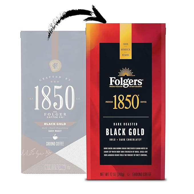 1850 by Folgers Black Gold Dark Roast Ground Coffee 12 Ounces (Pack of 6)