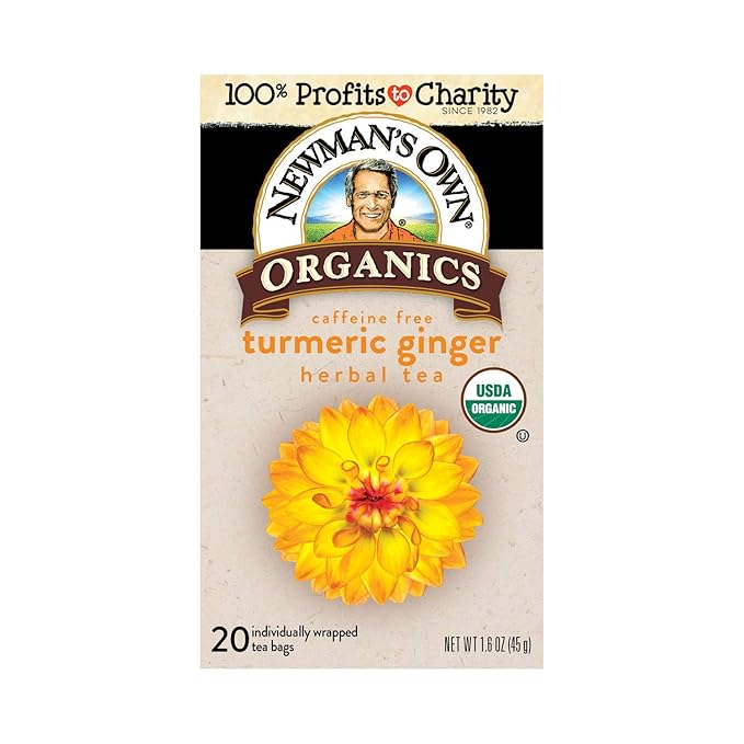 Newman's Own Organic Turmeric Ginger Herbal Tea Caffeine-Free Savory &amp Spicy Flavors Combined For The Perfect Cup Of Tea 6 Pack Of 20 Tea Bags Individually Wrapped 120 Teabags Total