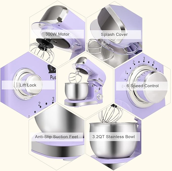 Stand Mixer Kitchen in the box 3.2Qt Small Electric Food Mixer6 Speeds Portable Lightweight Kitchen Mixer for Daily Use with Egg WhiskDough HookFlat Beater (Purple)