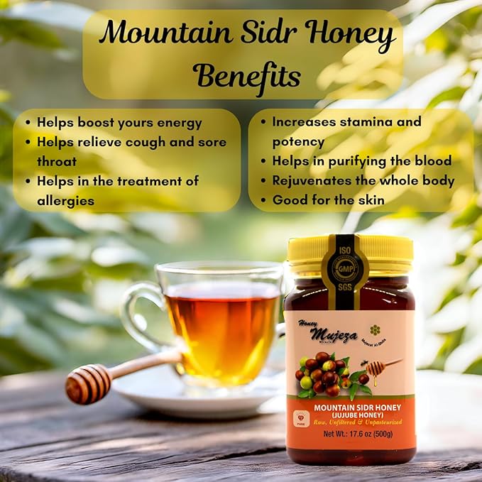 Authentic Mountain Sidr Honey – Jujube Honey Supports Mental Health Memory and Cognition 100% Natural Raw Liquid Honey Gluten Free (500g / 17.6oz)