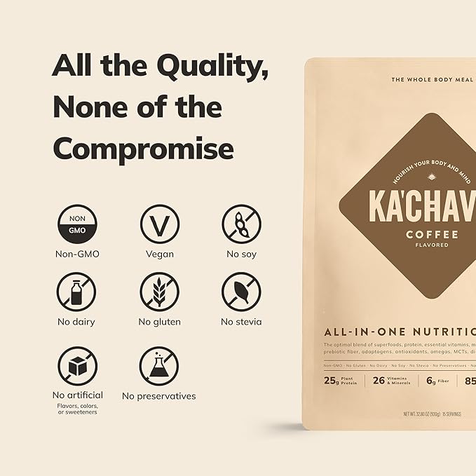 Ka’Chava Whole Body Meal Shake Coffee 2 lb – Vegan Protein Powder with 25g of Protein 6g of Fiber – Plant-Based Meal Replacement – Probiotics &amp Digestive Enzymes – Gluten &amp Dairy Free (15 Ser