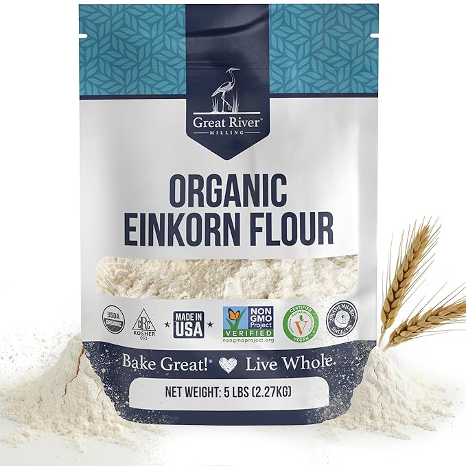 Great River Milling Organic Einkorn Flour | Ancient Whole Wheat Flour | Non-GMO Kosher High-Protein | Nutrient-Rich Healthier All-Purpose Flour Alternative for Baking | 5 Lb (Pack of 1)