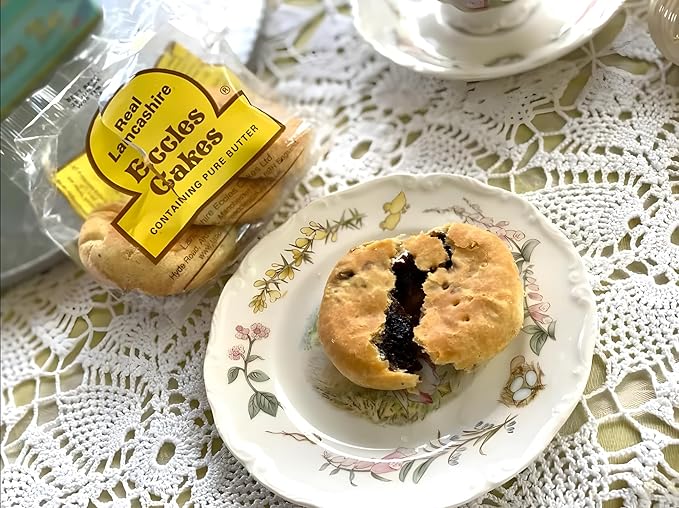 Real Lancashire Eccles Cake - 4 Cakes (Pack of 4) | British Snacks Made with Pure Butter &amp Dried Currants | Traditional &amp Delicious Fruity Cake for Tea Time Snack | 5.29 Oz/150g