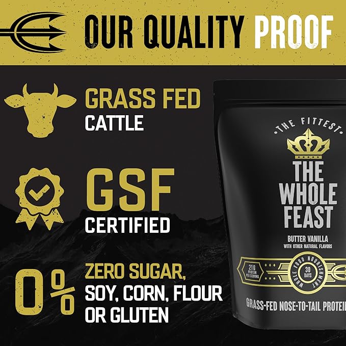 The Fittest Whole Feast Beef Protein Powder - Butter Vanilla - Grass Fed Nose to Tail Carnivore Blend Including Liver Colostrum and Whole Bone - BCAAs - 14g Collagen - 21g Total Protein