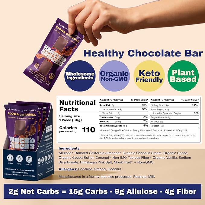 Krack’d Snacks Keto Milk Chocolate Snack Bars - On-the-Go Low Carb Dairy Free Chocolate with Almonds and Coconut Caramel - Gluten Free Sugar Free Candy - (Milk Chocolate Aloha Caramel 10 Pk)