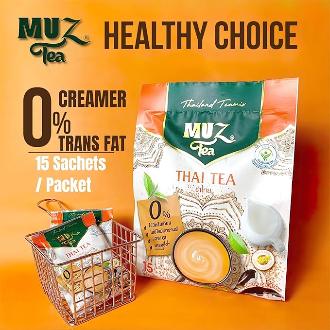 MuzTea Thai Tea Mix Milk Tea Powder 3 in 1 Instant Thai Tea Drink Packets Authentic Assam Tea Leaves For Hot Ice Tea No Artificial Color 15 Sachets (Thai Milk Tea)
