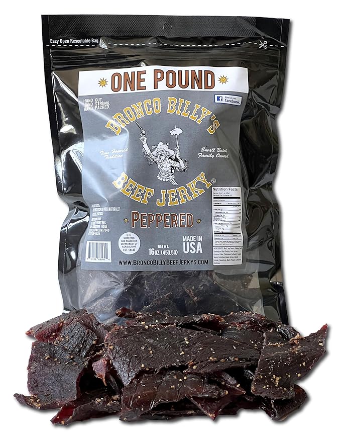 Bronco Billy's Beef Jerky Maple Peppered One Pound Resealable Bag Made in USA with USDA Beef Real Maple Syrup Cracked Black Pepper