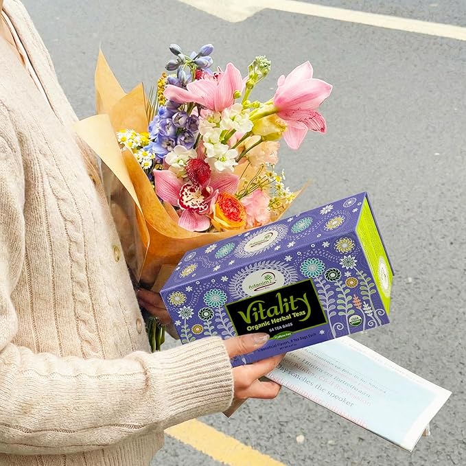 Adanim Bio Vitality Organic Herbal Tea Sampler Gift Box Caffeine Free 8 Unique Flavors for Tea Lovers 64 Individually Wrapped Tea Bags Variety Pack Tea Set