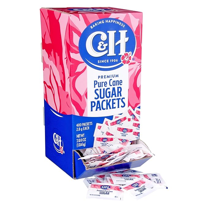 C&ampH Premium Pure Cane Sugar Packets 0.10 Ounce (2.8 Gram) NON-GMO Packets Pack of 400 in Dispenser Box