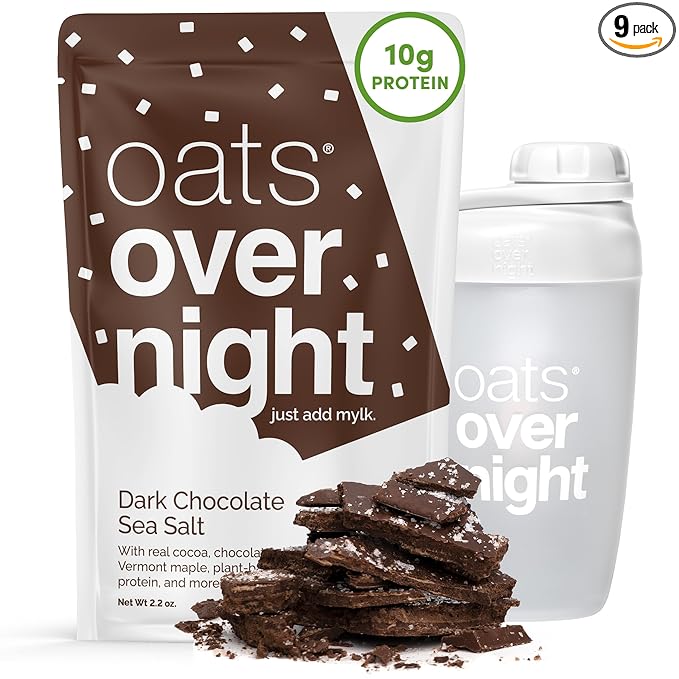 Oats Overnight - Dark Chocolate Sea Salt - Vegan 10g Protein High Fiber Breakfast Shake - Gluten Free Non GMO Oatmeal (2.2 oz per meal) (8 Pack + Shaker Bottle)