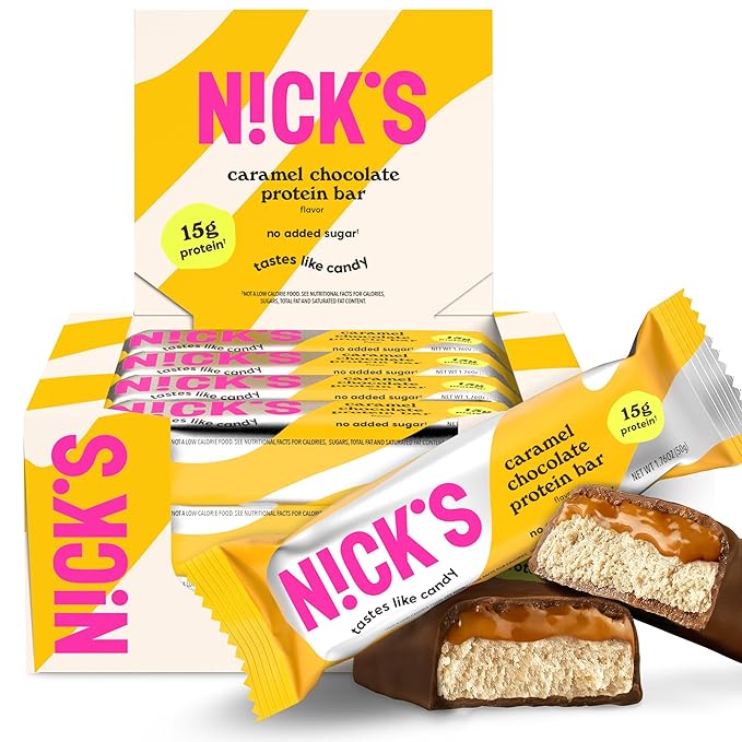 Nick’s Protein Bars Chocolate Caramel – 12-Count Box | Protein-Packed Snack Low Calories Low Carbs Keto Friendly No Added Sugar (12 bars x 50g)