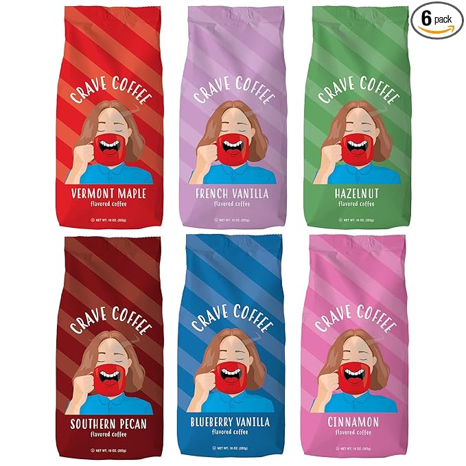 Crave Beverages Flavored Ground Coffee Bag Assorted Variety Pack – Flavorful and Fun Brew Made with 100% Arabica Beans - Flavor Enhanced 10 Oz Pack of 6