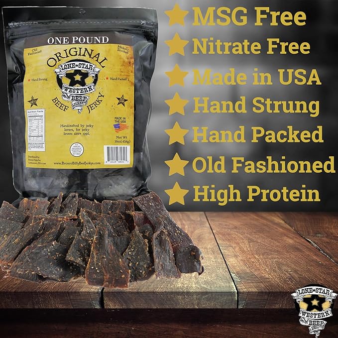 Lone Star Beef Jerky - Original &amp Black Pepper - 1 Pound (Pack of 2) Resealable Bags - Hickory Smoked Handcrafted Flavor - High Protein Healthy Meat Snack