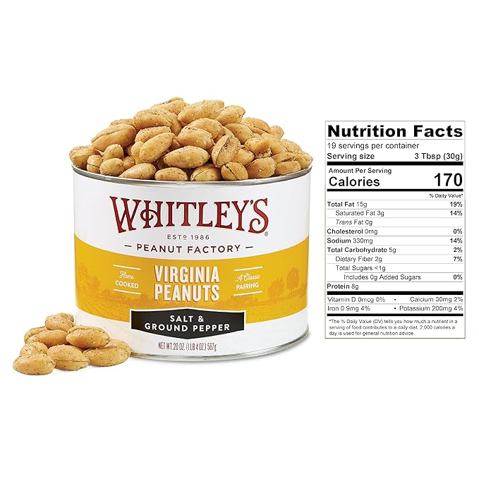 Whitley’s Salt &amp Ground Pepper Virginia Peanuts – Super Extra Large 'Home Cooked' Virginia Peanuts (20 Ounce Tin)
