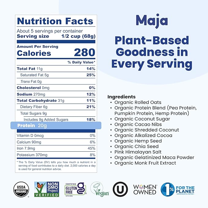 Maja Cacao &amp Coconut Overnight Protein Oats 2.4 oz Single-Serve (6 Pouches) | High Protein Overnight Oats Gluten Free Plant-Based | Rich Cacao with Coconut | Just Add Milk or Plant Milk