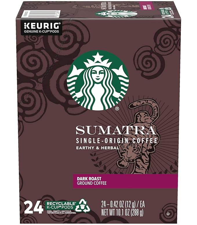 Starbucks Sumatra Single-Origin Coffee K-Cup Pods Dark Roast Ground Coffee with Earthy &amp Herbal Flavor 24 CT K-Cup Pods Per Box (Pack of 2 Boxes)