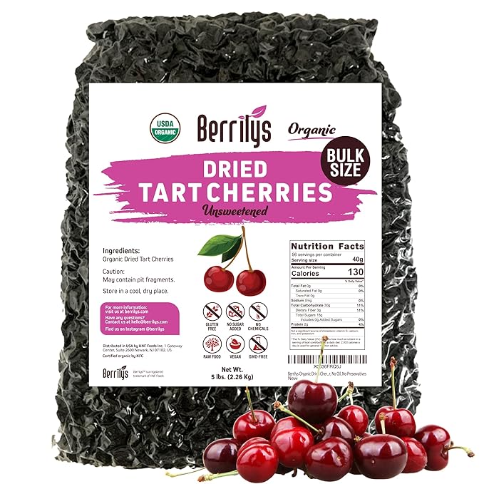 Berrilys Dried Tart Cherries (5 lb) - Organic Unsweetened Pitted No Sugar Added Perfect for Baking Snacking &amp Salads Unsweetened Dried Fruit Oatmeal Cherry Vanilla Bourbon Bread Pudding
