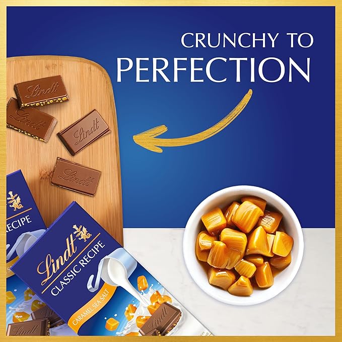 Lindt CLASSIC RECIPE Caramel with Sea Salt Milk Chocolate Bar Milk Chocolate Candy with Pieces of Caramel and Sea Salt 4.4 oz. (12 Pack)