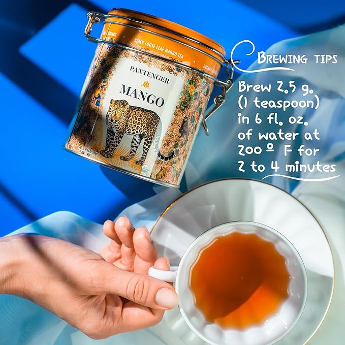 Mango Balck Tea Loose Leaf 3.5 Oz. USDA Organic. Pantenger Mango is a Tea Blend of Organic Black Tea Leaves with Mango Pieces and Marigold Petals. Drink Hot or Iced.