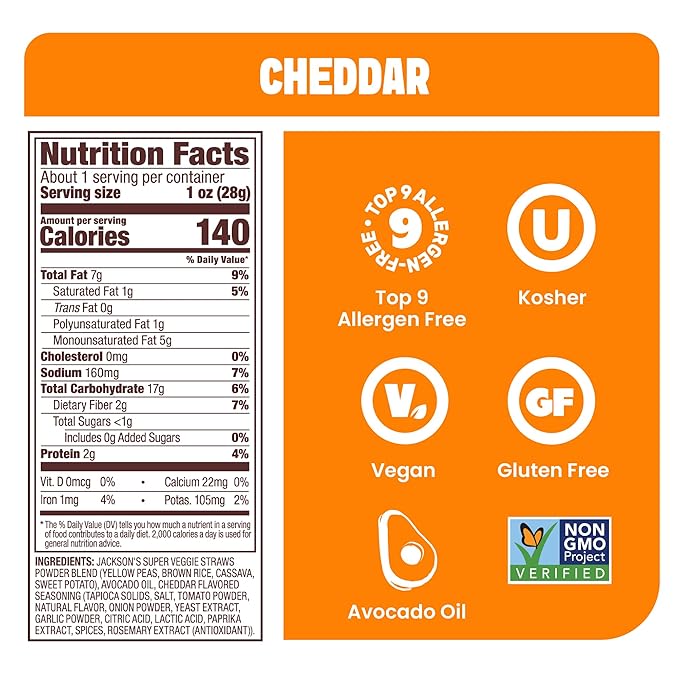 Jackson’s Super Veggie Straws™ (Cheddar 1 oz Pack of 10) – Gluten Free Vegan Snacks for Kids &amp Adults – Made with Premium Avocado Oil – Allergen-friendly Veggie Straws Individual Bags