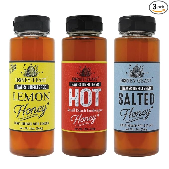 HONEY FEAST Dessert Honey Trio Gift Set – Includes 12oz Lemon Hot and Salted Honey – Perfect for Baking Drizzling Tea and Gourmet Desserts