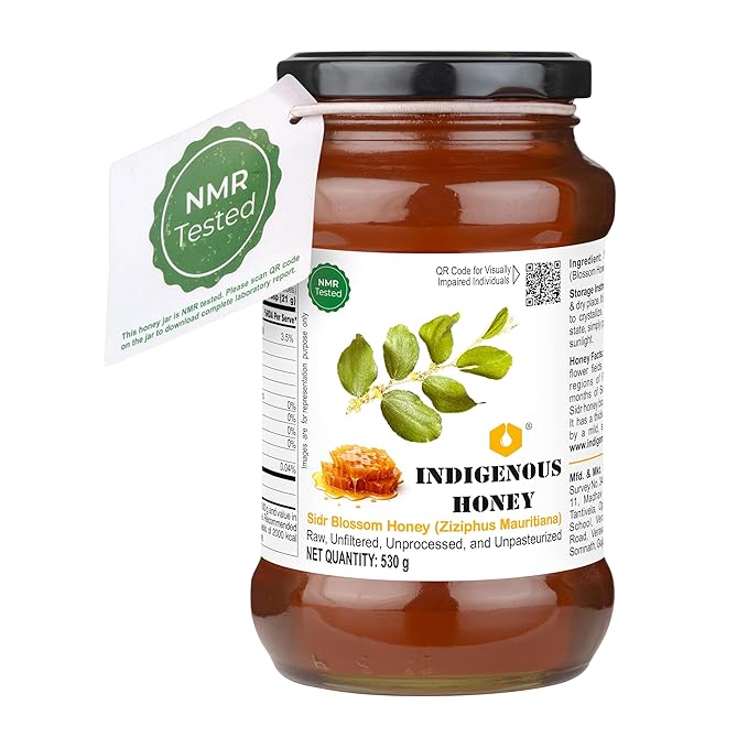 INDIGENOUS HONEY Sidr Ber Jujube Honey Raw Organic Natural Pure Unprocessed NMR Tested Unpasteurized Unheated 530g Glass Jar Pack of 1