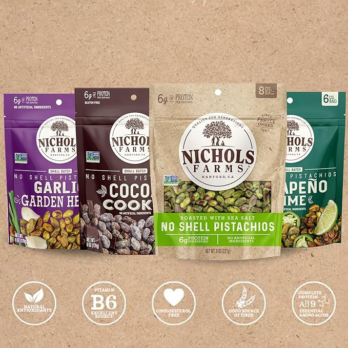 Nichols Farms California-Grown Pistachios Non-GMO Snack Packs Multi Flavor Party Snack Bundle Gift Set