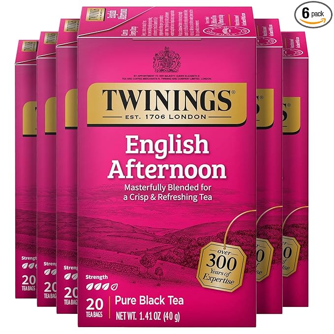 Twinings English Afternoon Black Tea Individually Wrapped Bags 20 Count (Pack of 6) Smooth &amp Slightly Sweet Caffeinated Enjoy Hot or Iced 120 Teabags