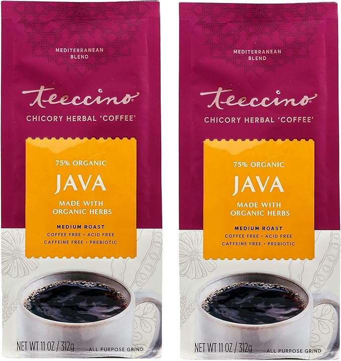 Teeccino Chicory Coffee Alternative - Java - Ground Herbal Coffee Caffeine-Free &amp Acid Free Medium Roast 11 Ounce (2 Pack)