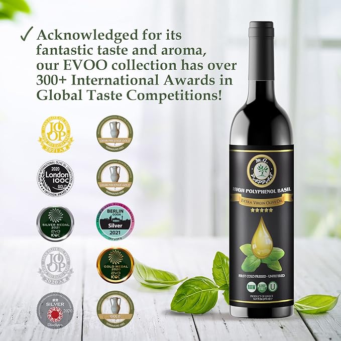 M.G. PAPPAS High Polyphenol Rich Basil Infused Olive Oil - Extra Virgin Olive Oil - Over 500mg/kg - Cold Pressed &amp Unfiltered - High Hydroxytyrosol Greek Olive Oil - Award Winning