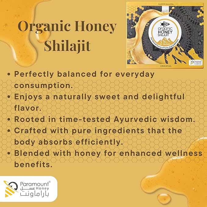 Paramount Organic Honey with Shilajit - Pure &amp Natural Jelly Honey Bee Pollen (Large Pack of 30 Sachets 10Gram Each)