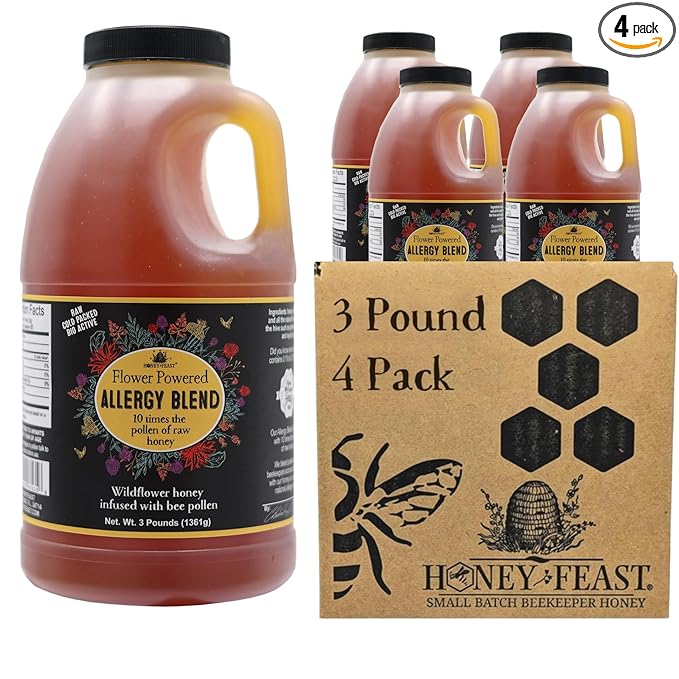 HONEY FEAST Allergy Blend Honey 3 Pounds (Pack of 4) Raw &amp Unfiltered – Premium Floridian with Enhanced Pollen Content