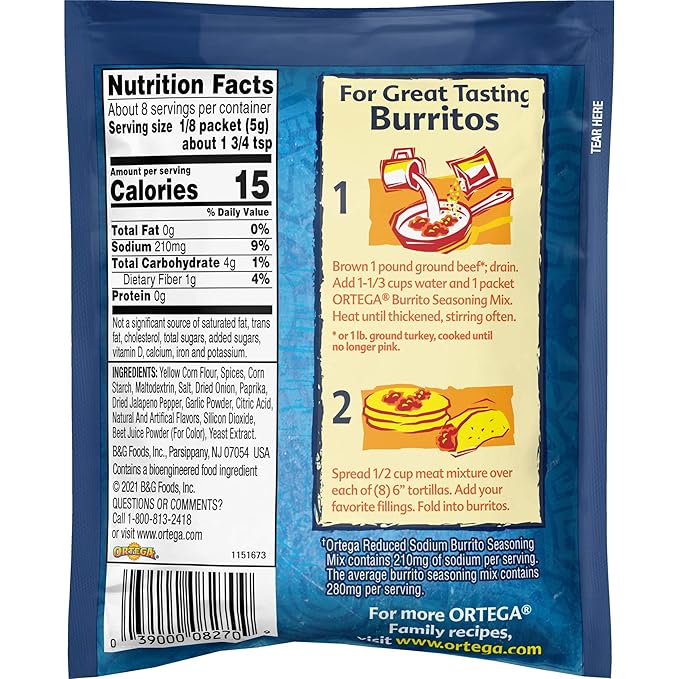 Ortega Seasoning Mix Reduced Sodium Burrito 1.5 Ounce (Pack of 12)
