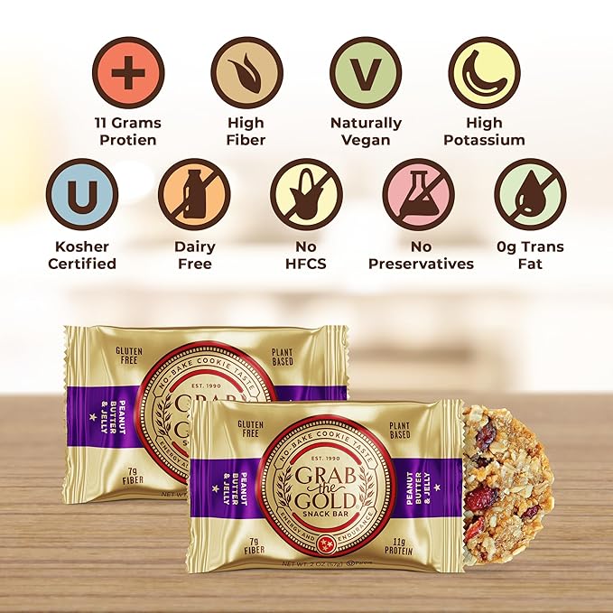 Grab The Gold Cranberries Peanut Butter &amp Jelly Protein Snack Bars | 11g Plant-Based Protein Bars with Organic Oats Whole Food Nutrition | Gluten-Free Vegan High-Fiber | 14 Bars Amazon Exclusiv