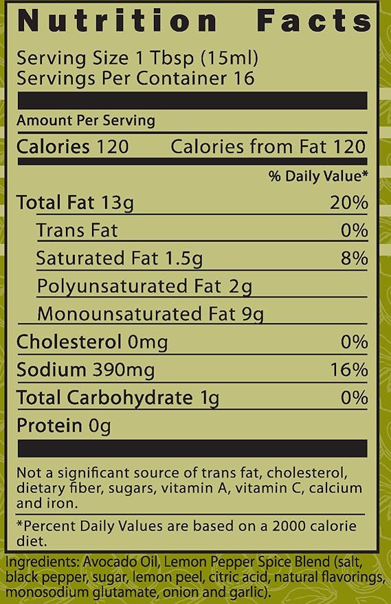 Pacifica Culinaria COLD PRESSED Extra Virgin Avocado Oil Made in USA 8.5 fl oz (250ml) Bottle (Lemon Pepper Avocado Oil)