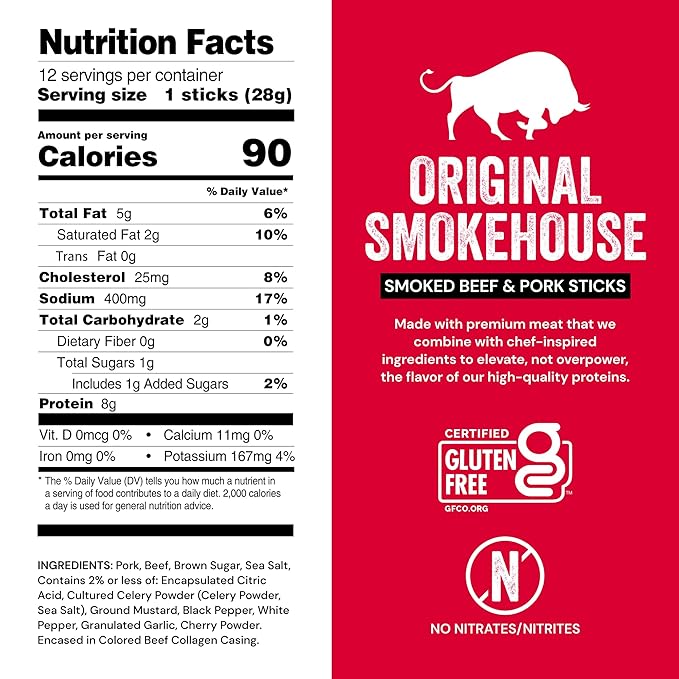 Chef’s Cut Real Snack Sticks | High Protein Meat Snack 8g Protein &amp 90 Calories Gluten Free Keto-Friendly Premium Smoked Beef &amp Pork Blend | Original Smokehouse | 1 oz Stick (12-Count Bag)