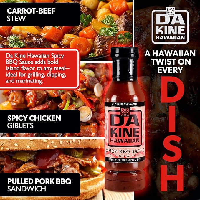 Da Kine Hawaiian Spicy BBQ Sauce Premium Gourmet Barbecue Sauce Made in Small Batches Gluten-Free BBQ Sauce for Meat Fish and Vegetables - Spicy (3 Pack)