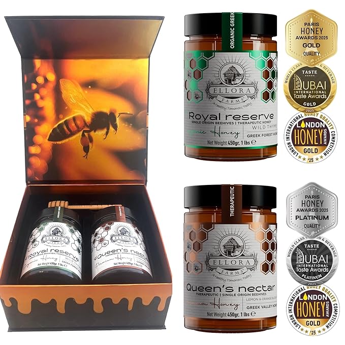 Ellora Farms Greek Honey Bundle – Pine &amp Thyme Raw Honey (450g) + Organic Thyme &amp Orange Blossom Raw Honey (2x1lb) – Single Estate Unfiltered Cold-Pressed Includes Wooden Dippers