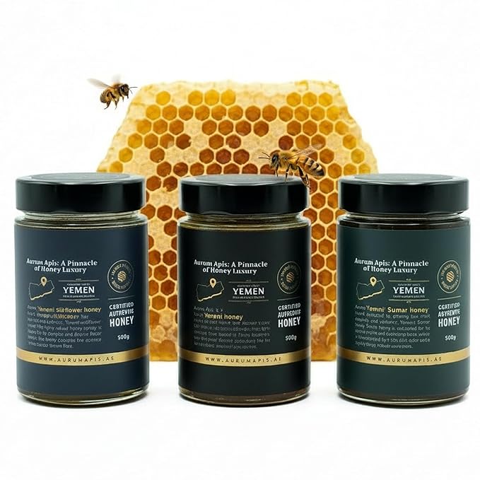 Aurum Apis Raw Yemeni Honey Gift Box – Authentic Sidr Sumar &amp Wildflower Honey | 100% Raw Unfiltered Hand-Harvested Non-GMO Smooth Texture &amp Rich Aroma (Pack of 3) – Each 500g Honey Jar