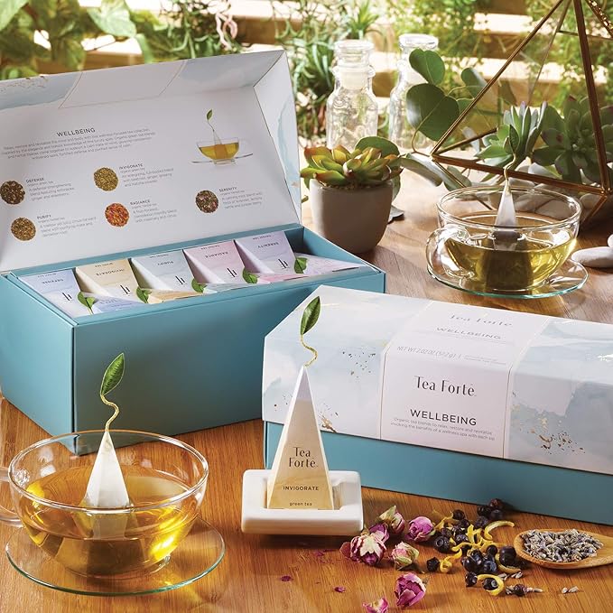 Tea Forte Premium Presentation Box Gift Set Sampler 20 Count Assorted Blends Individually Wrapped Handcrafted Pyramid Infuser Bags Wellbeing Tea
