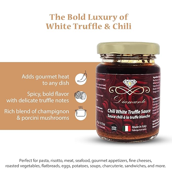 Diamante Italy Chili Truffle Sauce with White Truffles - Hot Sauce for All Cuisines - Authentic Italian Gourmet White Truffle &amp Mushroom Hot Sauce - Non GMO &amp Made in Italy - 90g