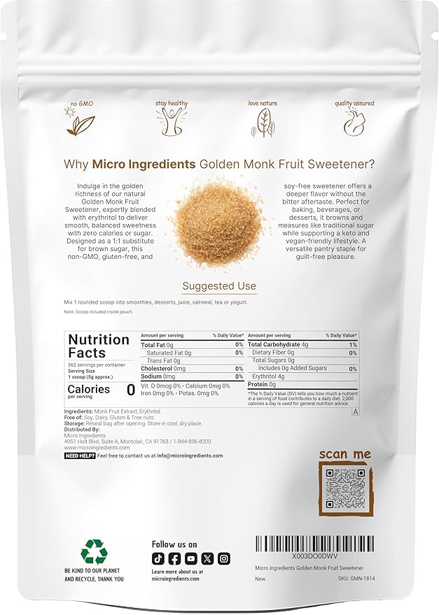 Golden Monk Fruit Sweetener with Erythritol 4 Pounds - No After Taste - Brown Sugar Substitute Keto Diet Friendly Zero Calorie Natural Sweetener for Drinks Coffee Tea Cookies No-GMO Vegan