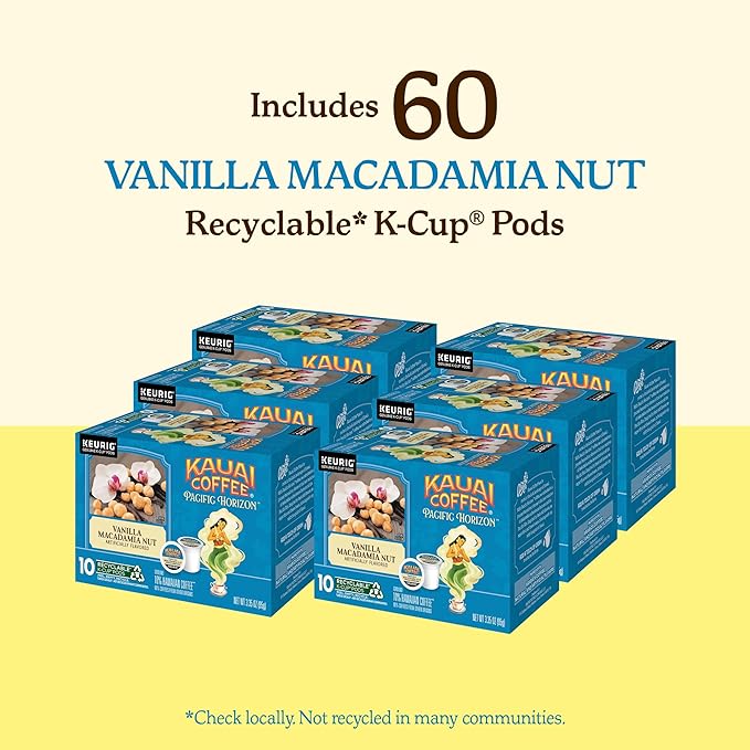 Kauai Coffee K-Cup Pods for Keurig Brewers – Arabica Coffee 10% Hawaiian – Medium Roast Vanilla Beans with Toasted Macabamia Nuts – Vanilla Macadamia Nut 6 Packs of 10 Single Serve K-Cups